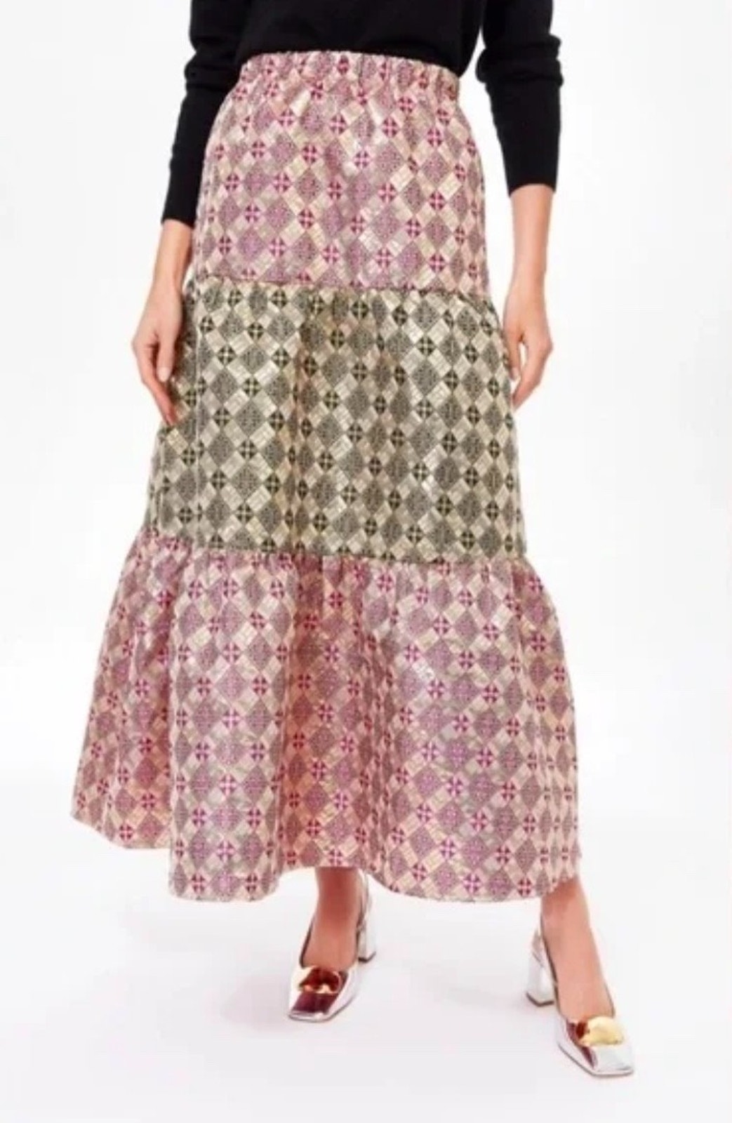 Tuckernuck Champaign Dreams Pink Gold Green Metallic Tiered Maxi Skirt Sz Small